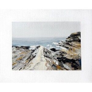 8x10 Maine Original Oil Landscape Painting Rocky Coast Calm Neutral Ocean Signed